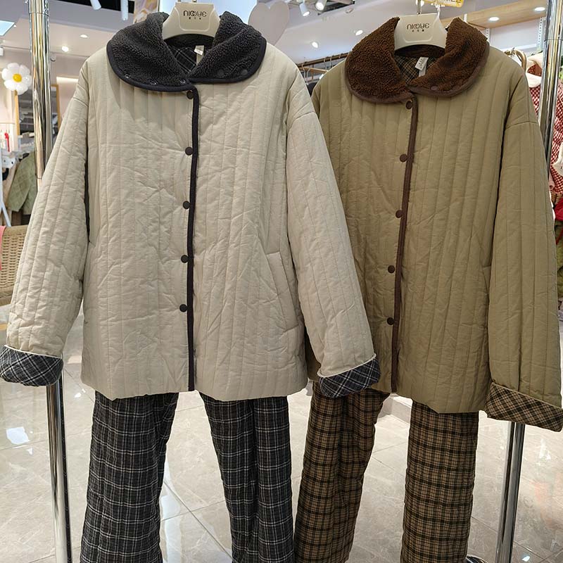 妮可雅睡衣女三层纯棉薄夹棉秋冬季新款加厚珊瑚绒保暖家居服套装