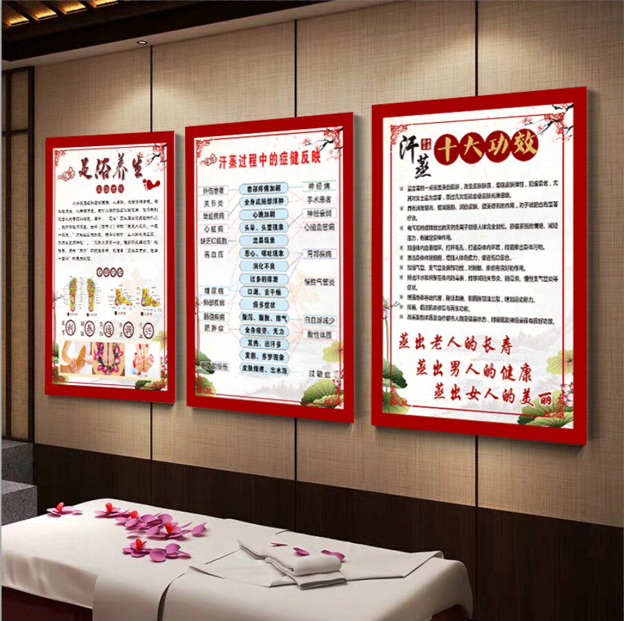 中医养生文化装饰画理疗汗蒸推拿十大功效禁忌反应对照表宣传海报