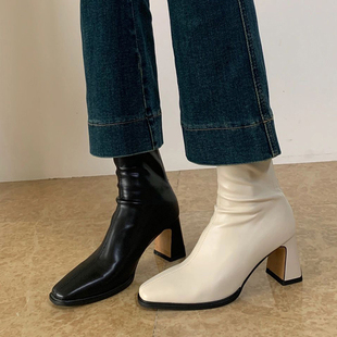 法式小短靴女瘦瘦靴粗跟方头高跟靴秋冬韩版新款小香风靴子 单靴