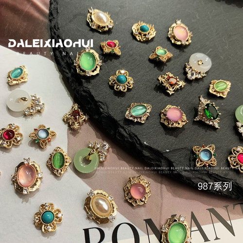 美甲饰品 新款复古宫廷风金属镶钻锆石珍珠高保色指甲装饰品987