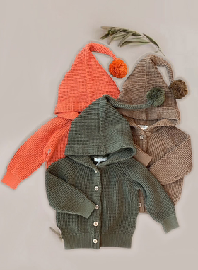 Passy'sChoice秋冬精灵宝宝男女儿童装纯全棉线连帽针织开衫毛衣A