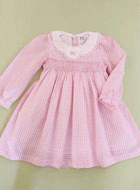 Passy'sChoice春夏女童英伦公主手工打揽长袖纯棉娃娃粉色连衣裙