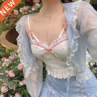 2022 Summer Floral Kawaii Halter Tops Women White Backless S