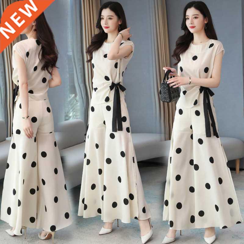 Women's Chiffon Wide Leg Pants Skirt Suit Polka Dot For Wome图片