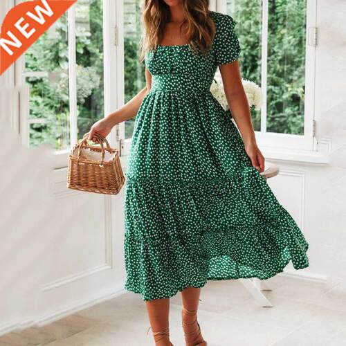 Vestidos Vintage Vintage Print Puff Sleeve summer Beach swee