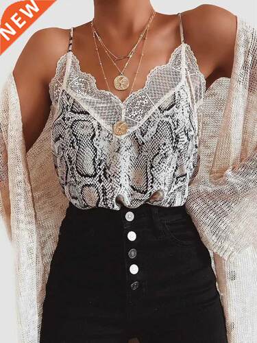 Women Summer Camis Tops Leopard Print Lace V Neck Vest Tops
