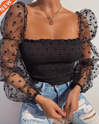 Women Mesh Sheer Blouse Chiffon See-through Long Sleeve Top