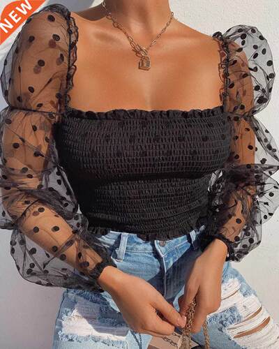 Women Mesh Sheer Blouse Chiffon See-through Long Sleeve Top
