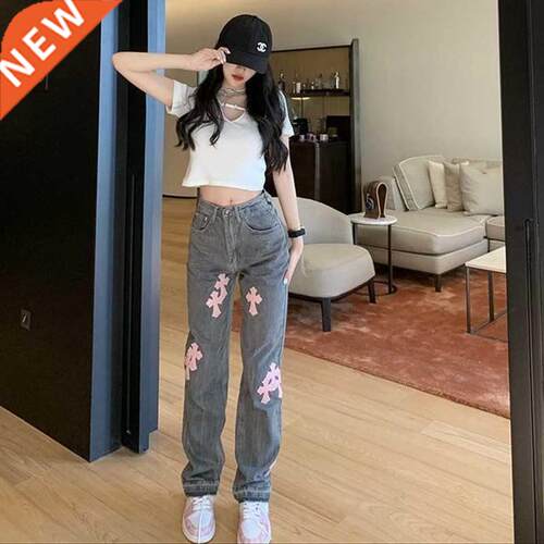 Streetwear Korean Fashion Cross Applique Jeans Woman High Wa