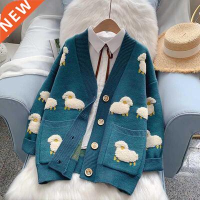 2021 Women Winter Knit Sweater Coat V Neck Sheep Cardigans C