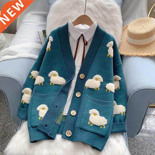 2021 Women Winter Knit Sweater Coat V Neck Sheep Cardigans C