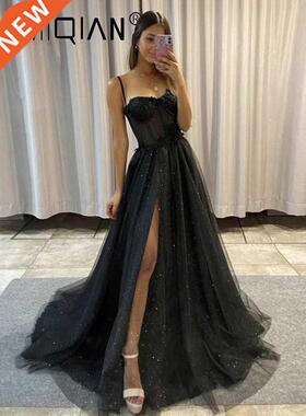 Popular Side Slit 3D Flowers Long Evening Gowns , Spaghetti