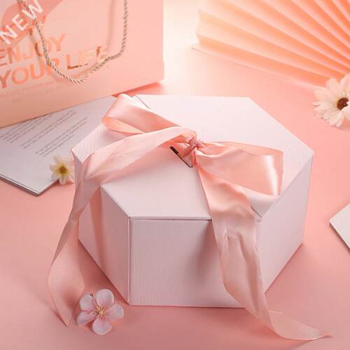 Gift Box with Ribbon Hexagon Paper Flowers Packaging Case wi