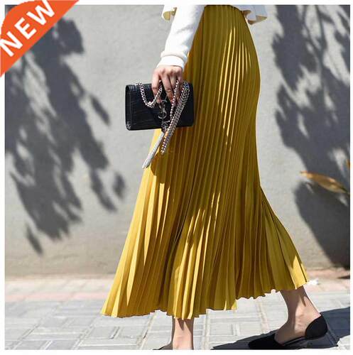 Womens Vintage Pleated Midi Long Skirt Female Korean Casual