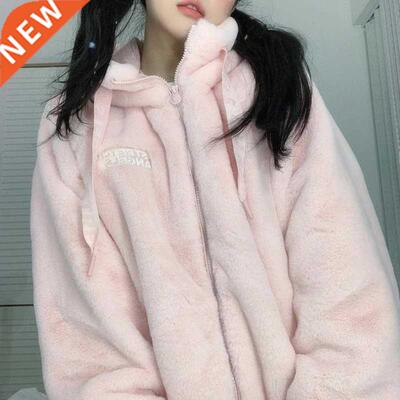 Kawaii Pink Zipped Sweatshirt Femme 2021 Autumn Flannel Long