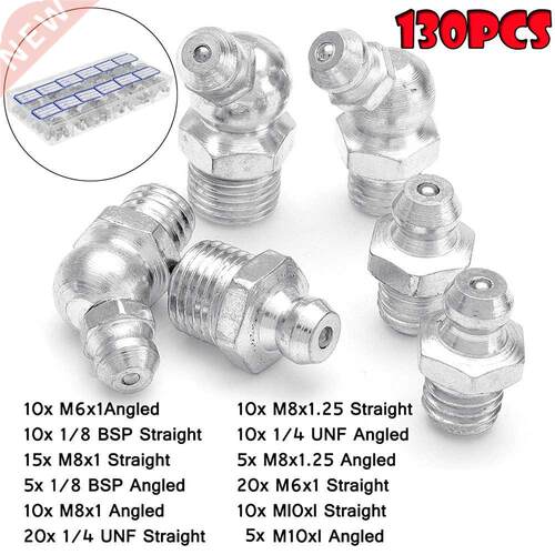 130Pcs Portable Hydraulic Galvanized Metal Grease Nipples Fi
