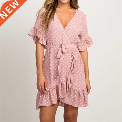v-neck short sleeve wave point strap women's chiffon dress