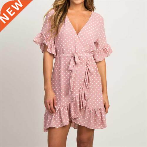 v-neck short sleeve wave point strap women's chiffon dress