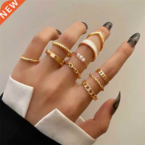 FNIO Punk Vintage Gold Wide Chain Rings Set For Women Girls