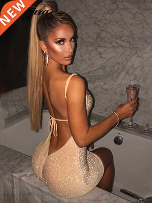 Dulzura Bling Glitter Sequin Women Strap Mini Dress Ruched L