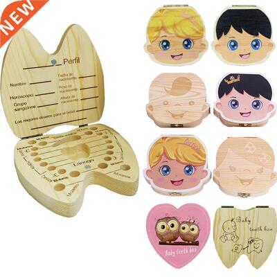 English/Spanish Wooden Baby Tooth Box Organizer Milk Teeth S