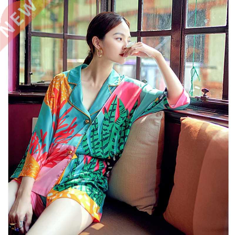 New Women Pajama Set Hand Drawn Art Tropical Plants Pyjama S