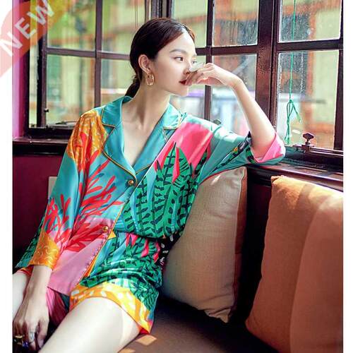 New Women Pajama Set Hand Drawn Art Tropical Plants Pyjama S