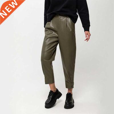Casual Solid Color Real Pocket Loose Pu Leather Pants Office