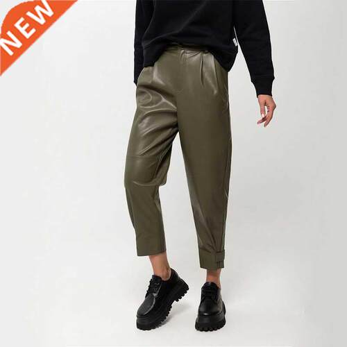 Casual Solid Color Real Pocket Loose Pu Leather Pants Office