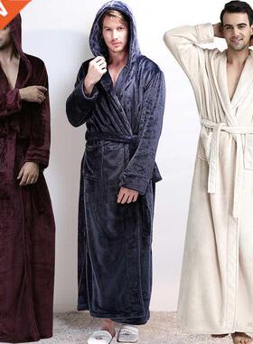 Men Winter Extra Long Warm Flannel Bathrobe Plus Size Coral