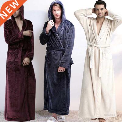 Men Winter Extra Long Warm Flannel Bathrobe Plus Size Coral