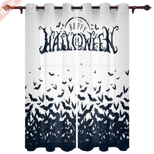 Happy Halloween Bat Swarm White Window Curtains Kitchen