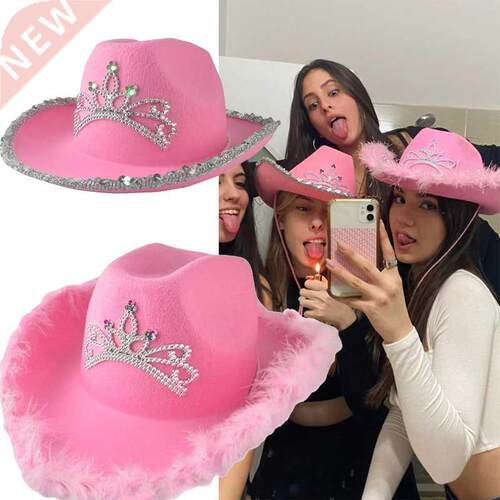 Pink Tiara Western Style Cowgirl Hats For Women Girl Rolled