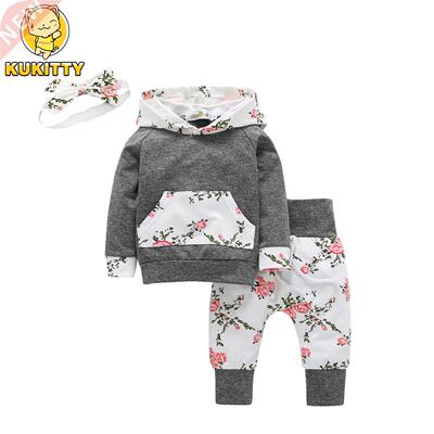3Pcs Toddler ay Girl Clothes Long Sleeve Flowers Kangaroo