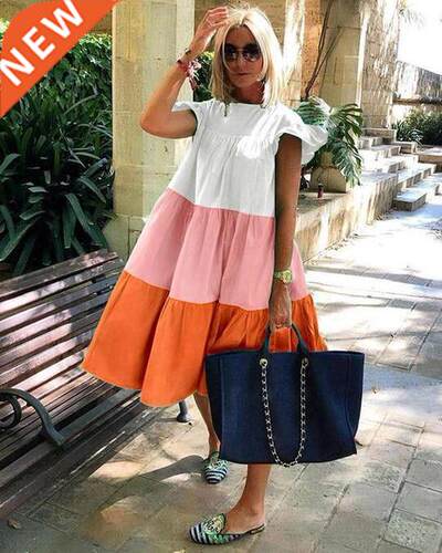 Elegant Patchwork Hit Color Dress Women O Neck Half Sleeve O