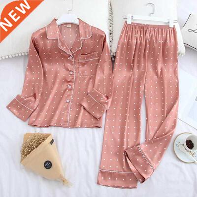Ice Silk Satin Lapel Women Pajama Set Printing Fashion Pajam
