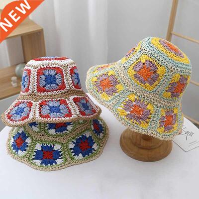 Crochet Beach Straw Hat Women Summer Flowers Hand-woven Hat