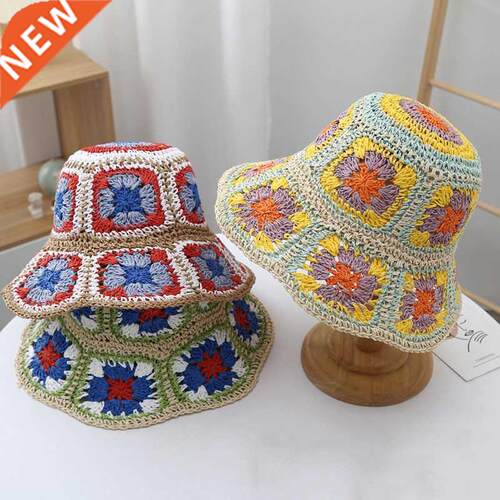 Crochet Beach Straw Hat Women Summer Flowers Hand-woven Hat