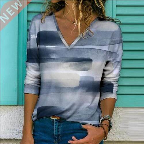 2021 Spring Diamond Color Print Blouse Shirt Women Elegant V