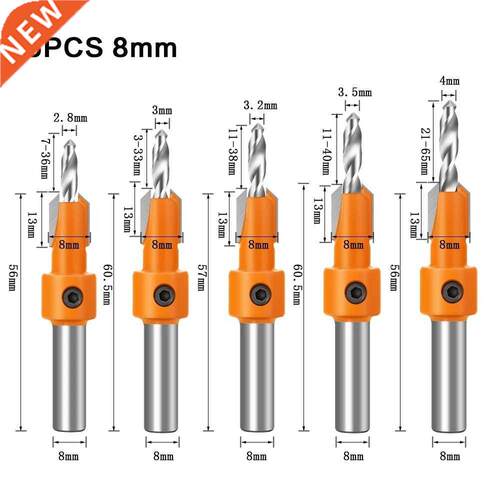 5pcs 8mm Shank Woodworking Countersink Router Drill Bit Pilo