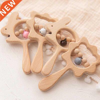 Baby Wooden Rattle Beech Bear Hand Teething Wooden Ring Baby