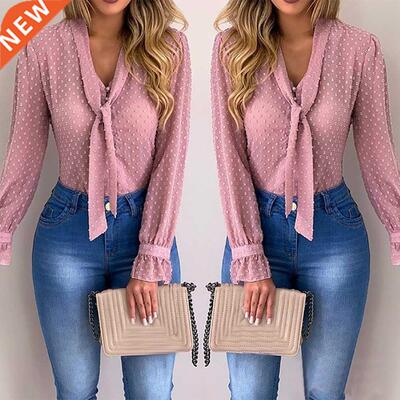 Women New Fashion Elegant Chiffon Blouses Long Sleeve V-Neck