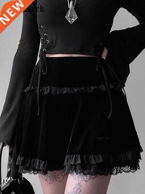 Goth Dark Mall Gothic Aesthetic Velvet Pleated Mini Skirts W