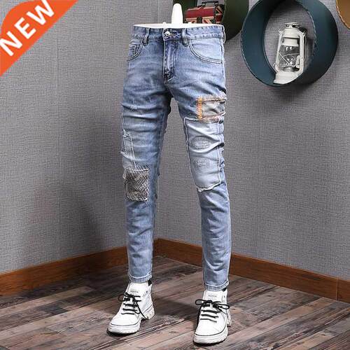 American Set Fashion Men Jeans Retro Light Blue Elastic Slim