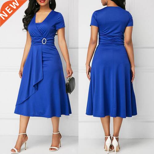 Plus Size Elegant Women Solid Color Short Sleeve V Neck Asym