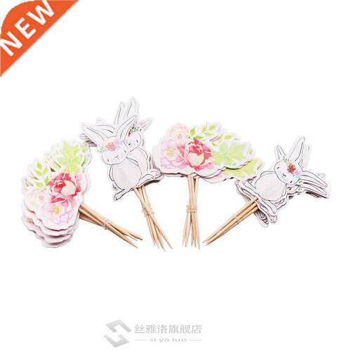 24pcs/lot Cartoon Easter Bunny Flowers cake Toppers Cute Whi