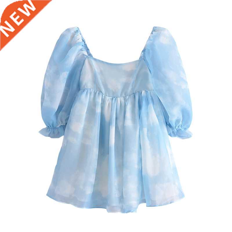 YENKYE Summer Women Blooming Sky Color Organza Princess Dres