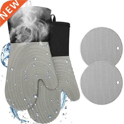 Silicone Oven Gloves and Pot Holder Set of 4 Long Oven Glove