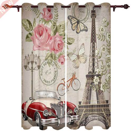 Eiffel Tower Flowers Car Bike Retro Style Window Curtains
