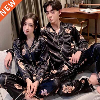 Fashion Sleepwear Silk Satin Pajamas Couple Set Long Button-